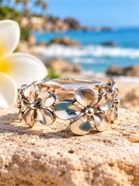 CaliGirl Sterling Silver Plumeria Flower Ring Size 6 Hawaiian Floral Jewelry